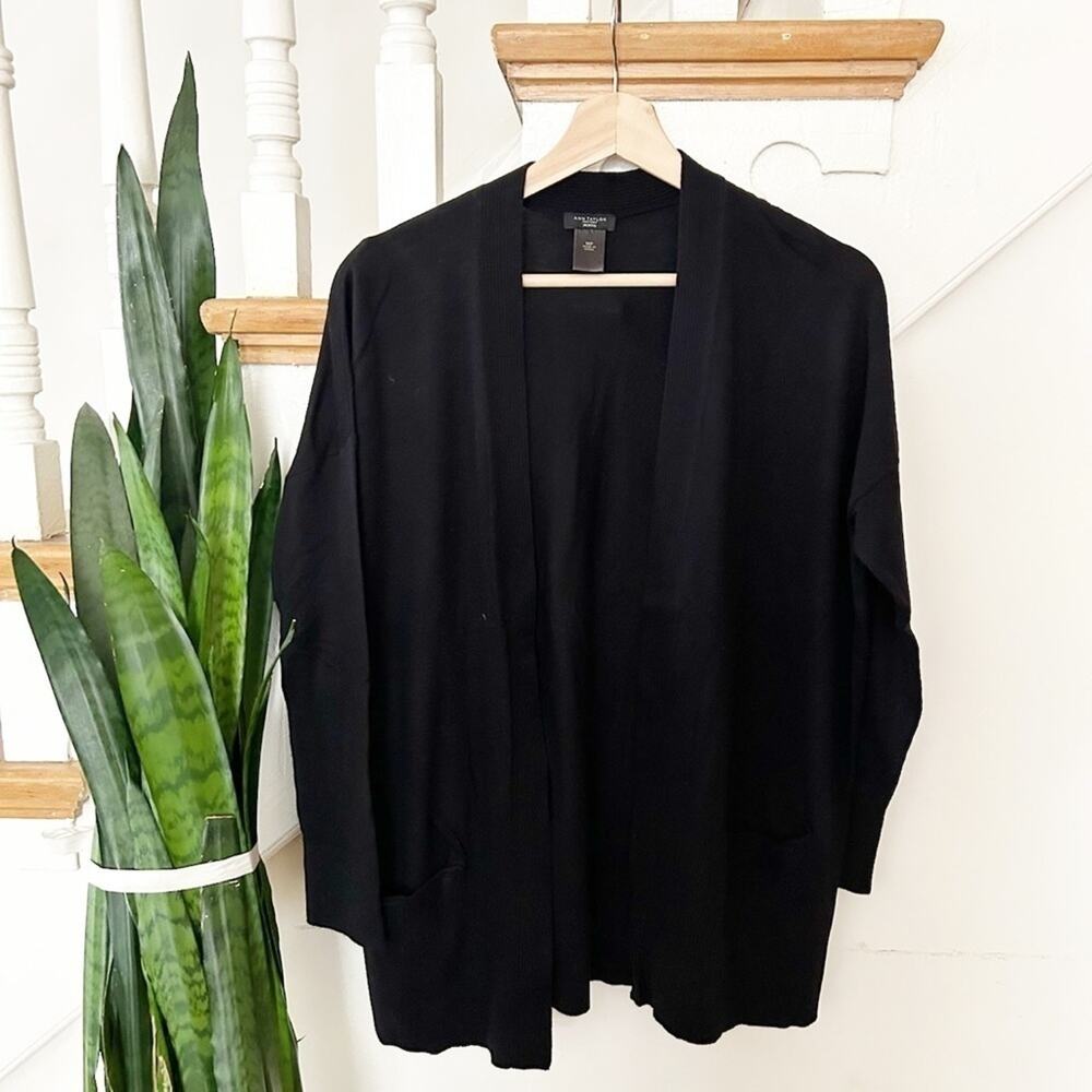Ann Taylor Factory Black Long Sleeve Open Front Ribbed Knit Cardigan Size PM